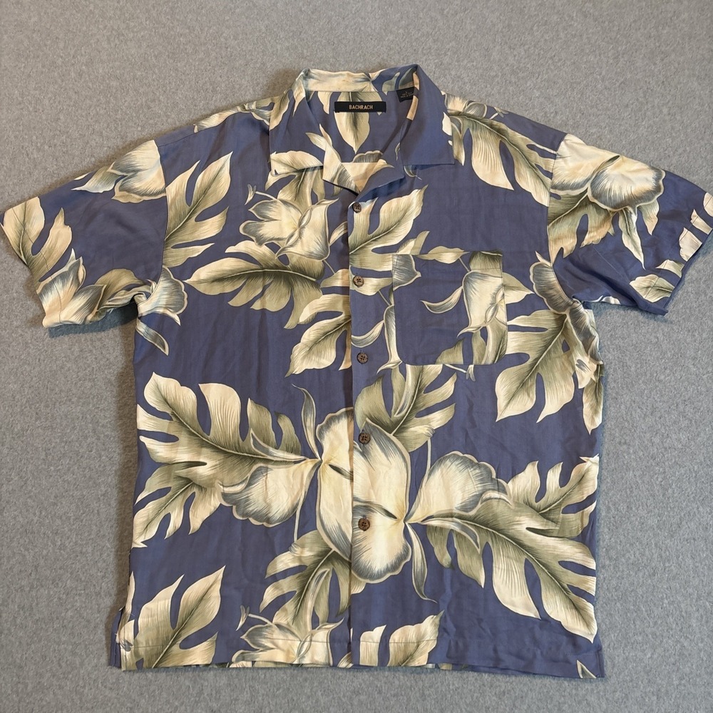 Bachrach 100% Silk Blue Hawaiian Short Sleeve Button Up Flower Plant Mens L